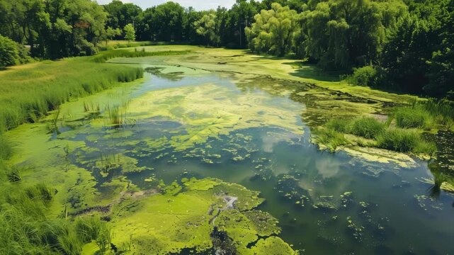A tranquil pond covered in vibrant green algae, reflecting the sky and surrounded by lush greenery.