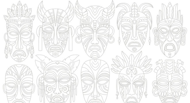 Collection of decorative tribal masks in vector style for design elements