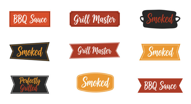 Nine rectangular and ribbon-shaped labels featuring barbecue themed text are organized in a grid pattern against a light neutral background for food packaging design.