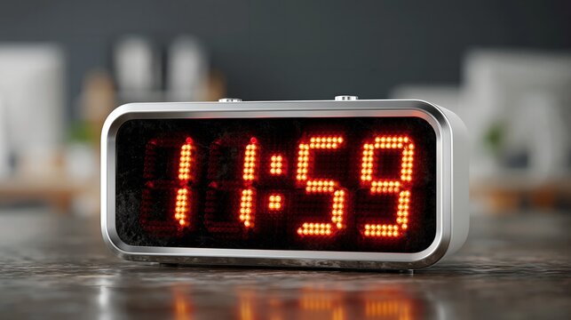Digital clock displays 11:59 in bright red digits.