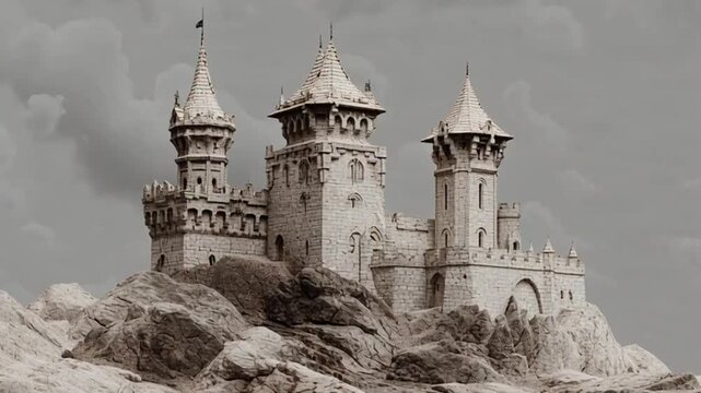 Fantasy castle on rocky hill.