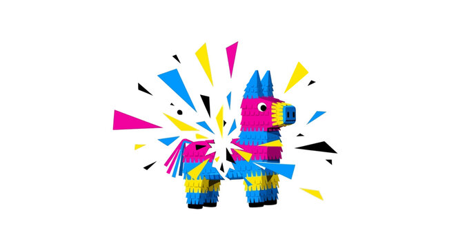 CMYK colorful abstract explosion with geometric shapes on a clean white background