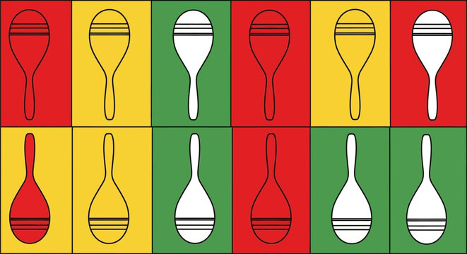 Colorful graphic illustration of maraca musical instruments in a pop art grid pattern