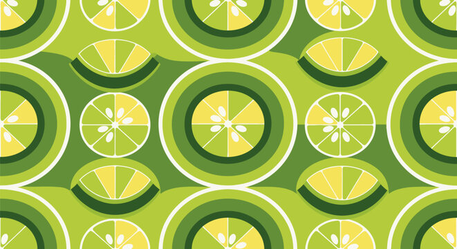 Retro geometric lime pattern with stylized citrus slices on green background
