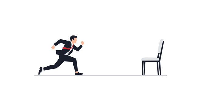 A professional businessman in a dark suit runs quickly towards an empty office chair placed on a clean white floor against a bright minimalist studio background.