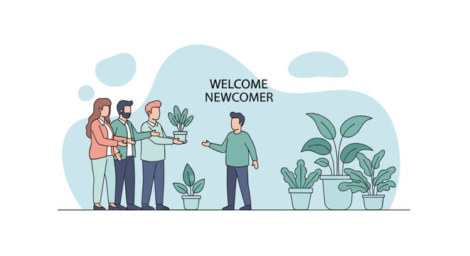 Team members present a small potted plant to a new colleague in a bright office environment decorated with several large floor plants and foliage.