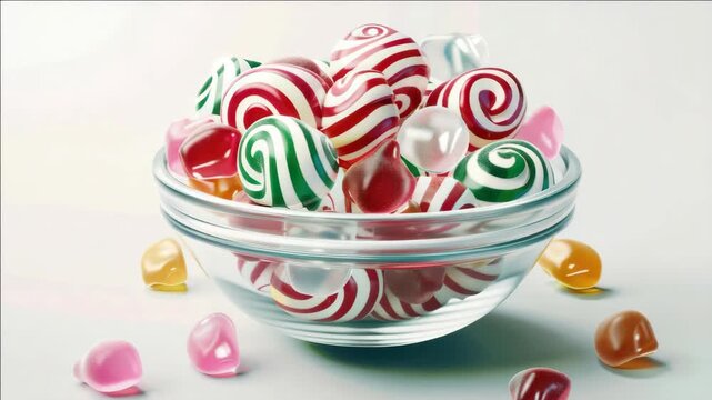 A clear glass bowl filled with colorful candies on a white surface.