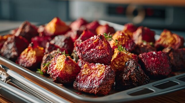 Roasted root vegetables on a baking tray.