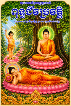 Buddha life illustration. Birth enlightenment parinirvana scenes nature setting. Vesak Buddhist festival concept. Traditional ornate vector artwork