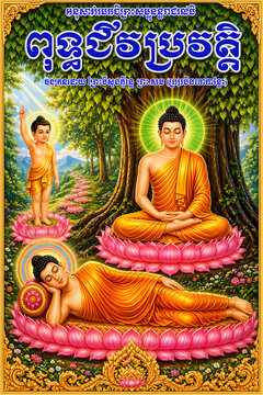 Buddha Vesak Day illustration. Birth enlightenment parinirvana scenes. Buddhist spiritual celebration concept. Traditional colorful vector design