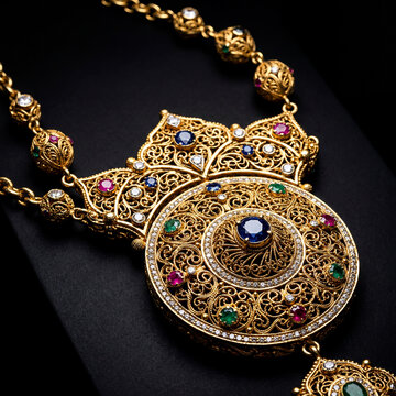Ornate Gold Necklace with Sapphire Ruby Emerald and Diamond Filigree Design