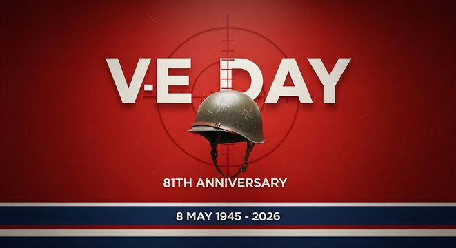 VE Day 8th anniversary banner design. Victory in Europe Day memorial background. military helmet patriotic tribute illustration. vector illustration