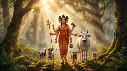 Fototapeta premium Dattatreya avadhuta illustration, wandering monk with trident, kamandalu and damaru, accompanied by dogs and cow, symbolizing Vedic wisdom