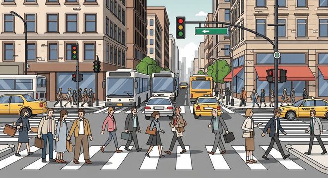 City street scene with pedestrians crossing at a crosswalk.