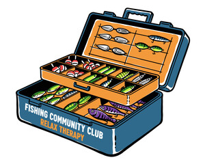 Fishing community club artwork. Tackle box vintage design. Relax therapy graphic for t shirt and apparel. Fishing lures print. Hobby outdoor design. © rahel lila