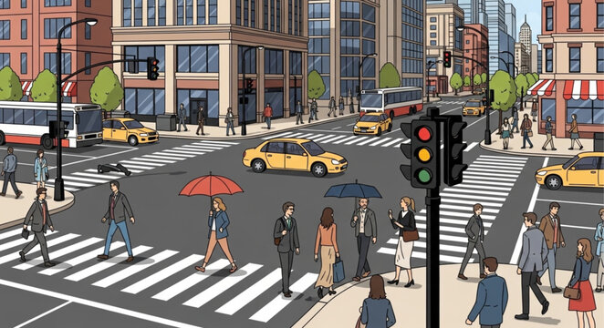 Busy City Street Intersection with Pedestrians Crossing.
