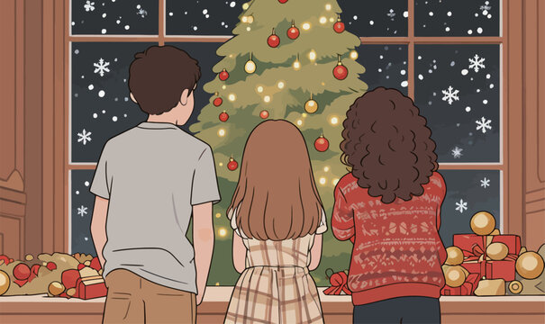 Three Siblings Watching Christmas Tree Through Home Window