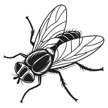 Vintage housefly engraving vector illustration, black and white common fly insect icon, detailed woodcut style fly graphic for biology and pest control