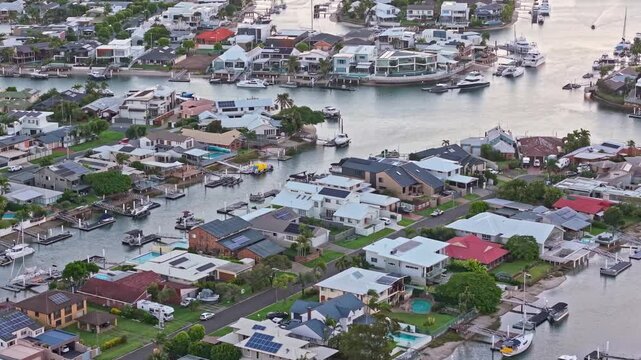 Aerial view of waterfront canal homes in Mooloolaba, Sunshine Coast Queensland