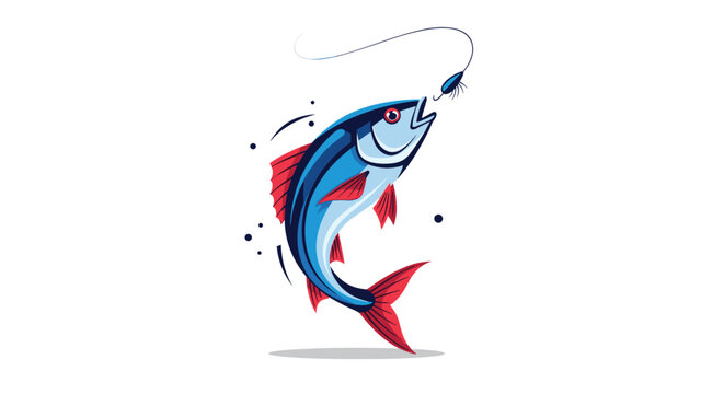 A stylized blue fish with red fins is depicted jumping towards a fishing hook against a plain white background in a clean vector art style.