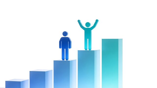 Two stylized figures on ascending bars