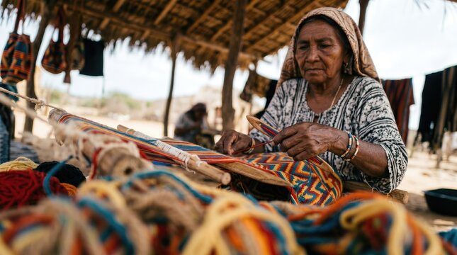 Vibrant Weavings of La Guajira. Artisans at Wayuu Workshop Craft Colorful Mochilas and Hammocks in the Desert.
