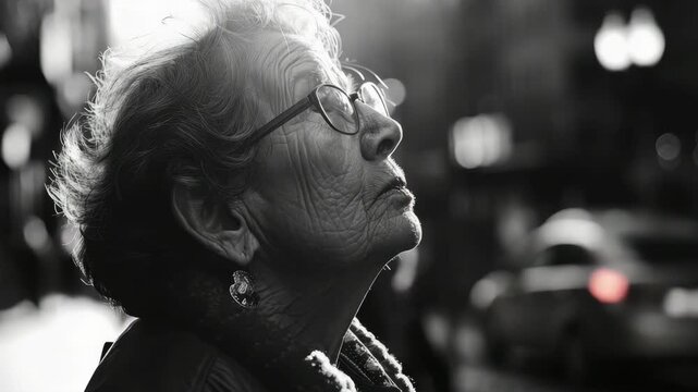 A serene portrait of an elderly woman with glasses looking into the distance, conveying wisdom and contemplation.