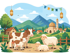 Naklejka premium Cartoon illustration of farm animals including a cow, calf, and two sheep in a rural landscape with a mosque, houses, and mountains under a festive sky with lanterns.