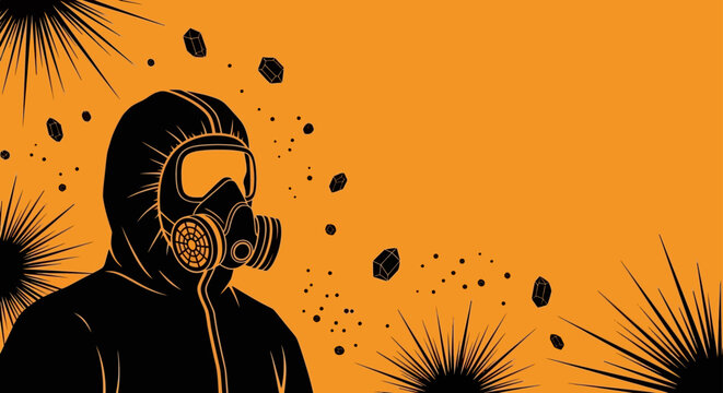 hazmat suit gas mask protective suit figure against chemical hazard and environmental threat with debris on orange.
