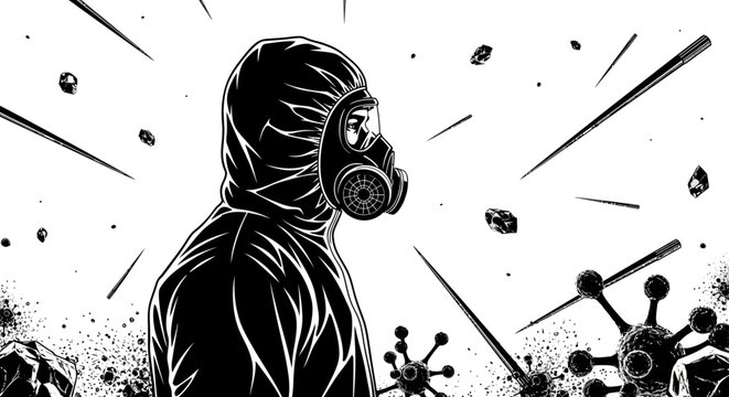 hazmat suit gas mask and virus imagery depicting a person amidst an epidemic with dangerous shards highlighting biosecurity and health crisis protection.