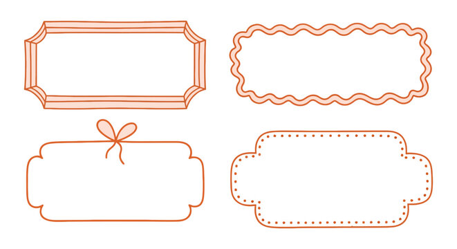 set of four orange hand-drawn frames and labels featuring cute blank borders perfect for notes invitations or digital design elements.