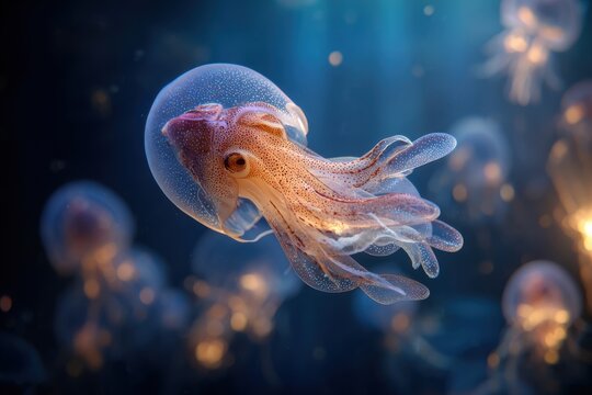 Dumbo Octopus Swimming Among Glowing Jellyfish in Deep Ocean