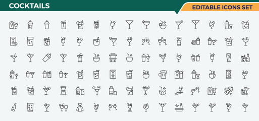 Cocktails icon set. Drink vector icon set. Icons for website. Pack of cocktail, drink, wine, martini, alcohol, beer, champagne and more. Editable stroke. Vector collection. © Cats2udio
