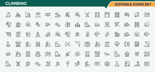 Climbing icon set. Minimalist editable vector stroke. Vector illustration in modern line style. Climb line icon set. It contains symbols to adventure, camp, mountain and more. © Cats2udio