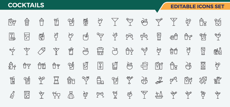 Cocktails icon set. Drink vector icon set. Icons for website. Pack of cocktail, drink, wine, martini, alcohol, beer, champagne and more. Editable stroke. Vector collection.