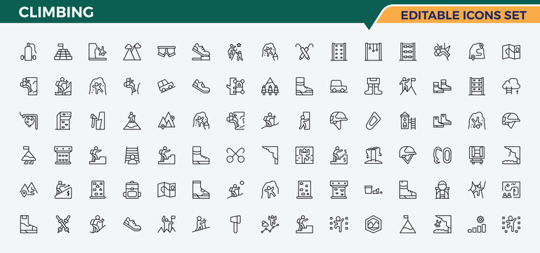 Climbing icon set. Minimalist editable vector stroke. Vector illustration in modern line style. Climb line icon set. It contains symbols to adventure, camp, mountain and more.