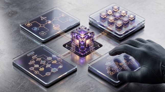 Abstract data processing concept with interconnected glowing cube and flowcharts on screens