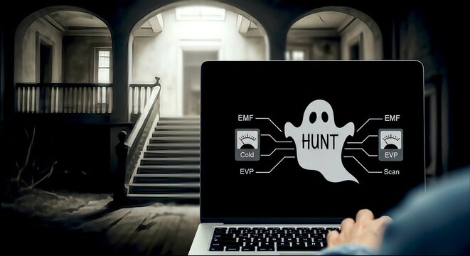 Ghost Hunting Software on Laptop in Spooky Abandoned Haunted Mansion