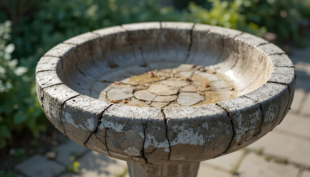 Dry Empty Bird Bath with Cracked Surface Close Up