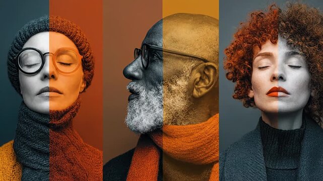 People from diverse ethnic backgrounds embodying different styles and emotions while wearing warm scarves, showcasing unity in diversity through expression and fashion