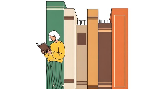A woman reading a book standing next to giant books on transparent background