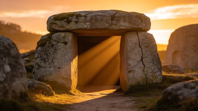 Ancient stone structure at sunset