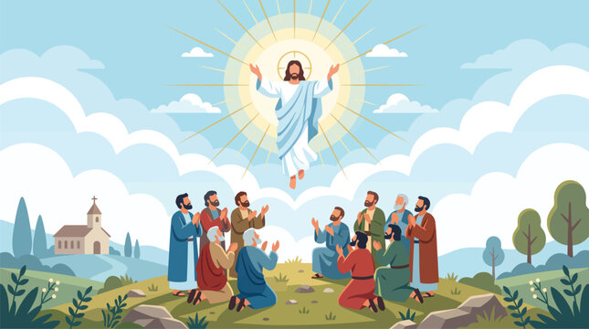 Jesus Christ Ascension with Disciples and Golden Light