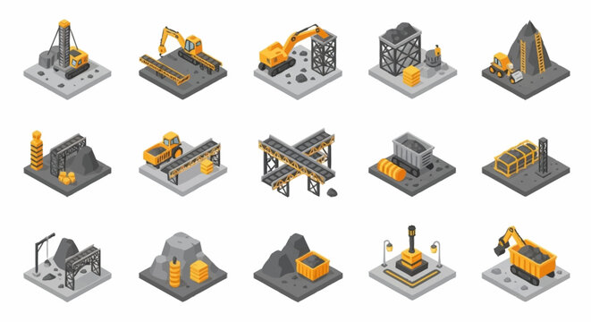 Isometric icons representing mining industry equipment, processes, and resources, including excavators, drills, and raw materials.