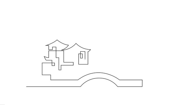 Traditional Asian house with Bridge and Bare Tree Continuous Line Animation.