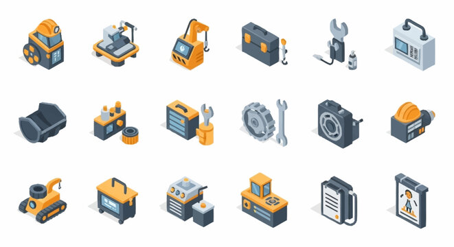 Collection of isometric industrial equipment and tools, including machinery, construction elements, and repair items.