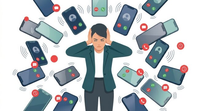 Overwhelmed Business Person Surrounded by Ringing Phones