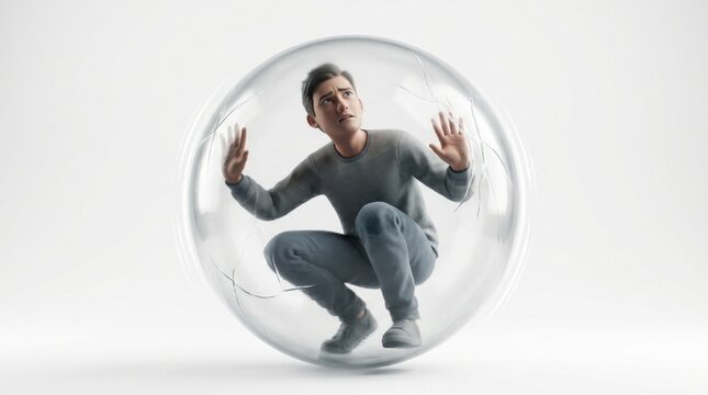 Man Trapped Inside Glass Bubble Feeling Isolated