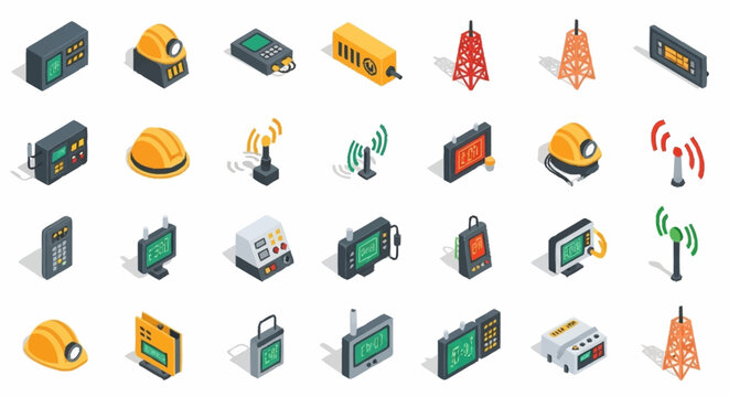 Collection of isometric icons representing various electronic devices, safety equipment, and communication tools.