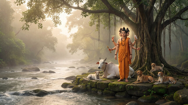 Dattatreya standing beside river under tree with cow and dogs serene spiritual illustration background wallpaper